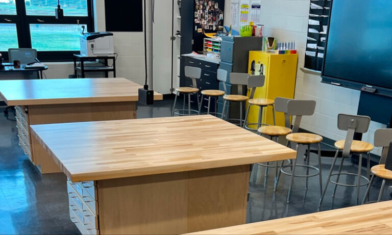 Educational Institution with tables and tools and TV in classroom